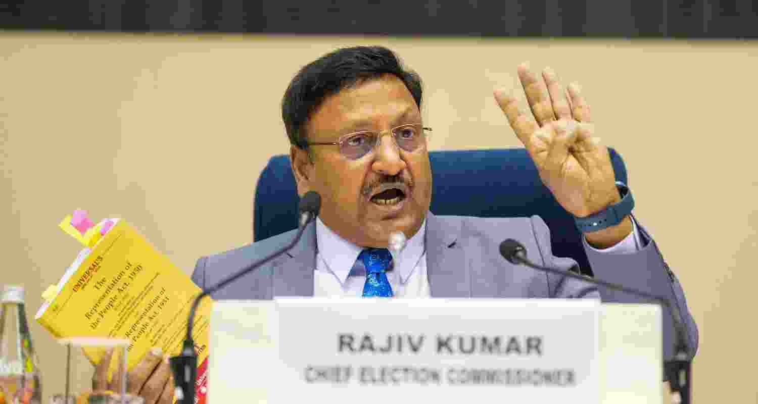 Chief Election Commissioner Rajiv Kumar addresses a press conference for the announcement of the schedule for the Delhi Assembly elections, in New Delhi, Tuesday. Voting for the elections will be held on February 5 and counting of votes will take place on February 8.