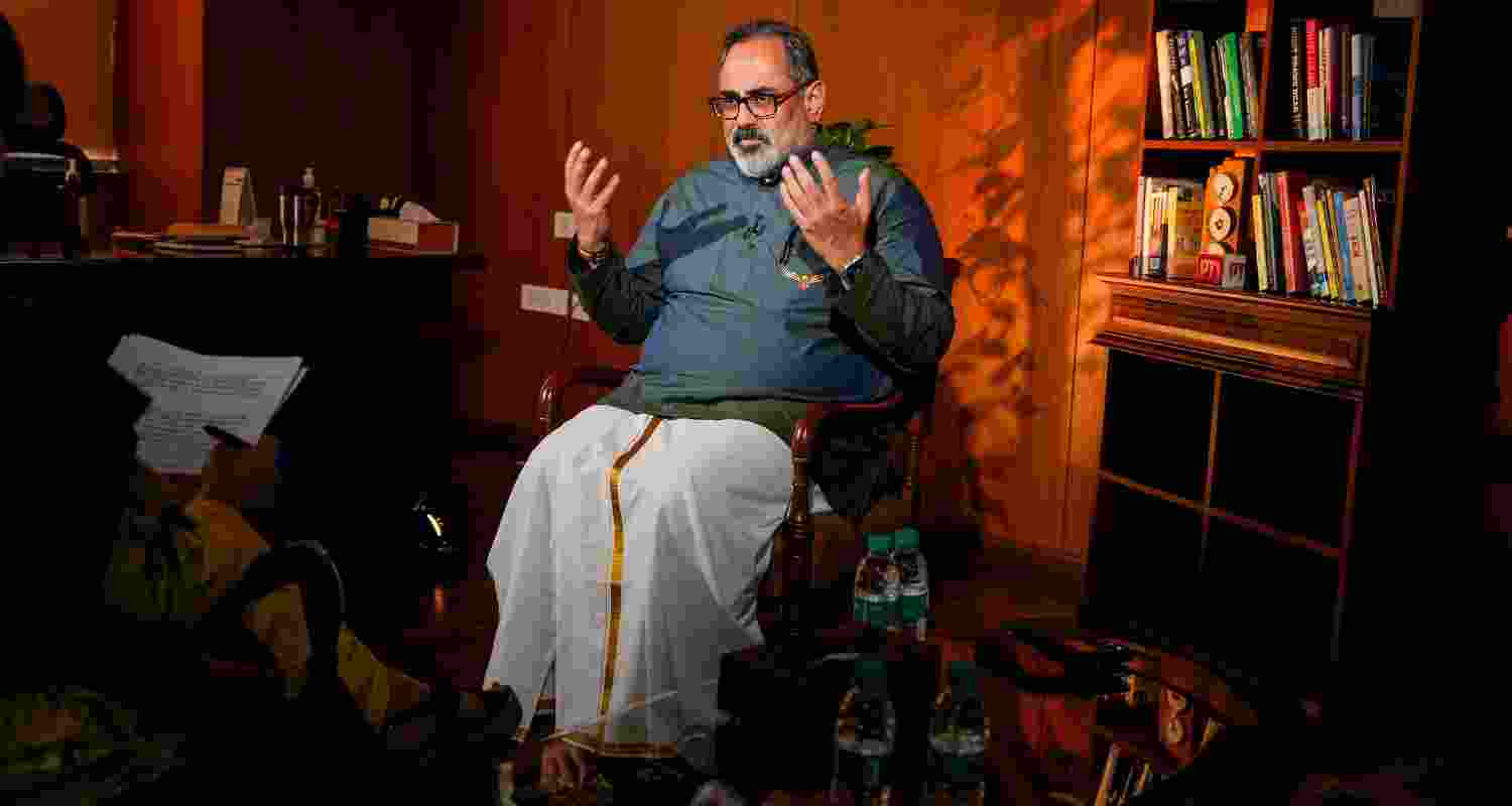 Rajeev Chandrasekhar speaking to reporters in an interview