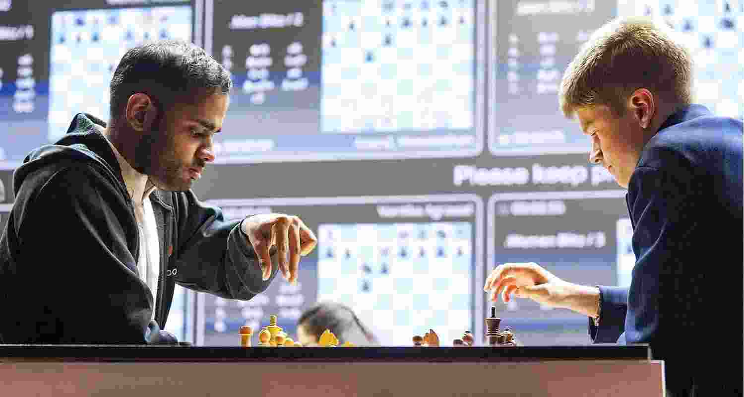Grandmaster (GM) Arjun Erigaisi competing against Russian GM Volodar Murzin during a match at the Tata Steel Chess Blitz Open tournament in Kolkata on Saturday.