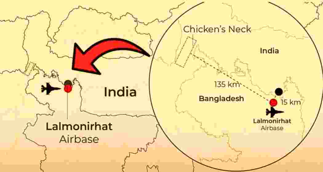A map illustrating the Lalmonirhat airbase's proximity to India’s strategic Siliguri Corridor—popularly known as the Chicken’s Neck, a significant region considering national security and northeastern connectivity.