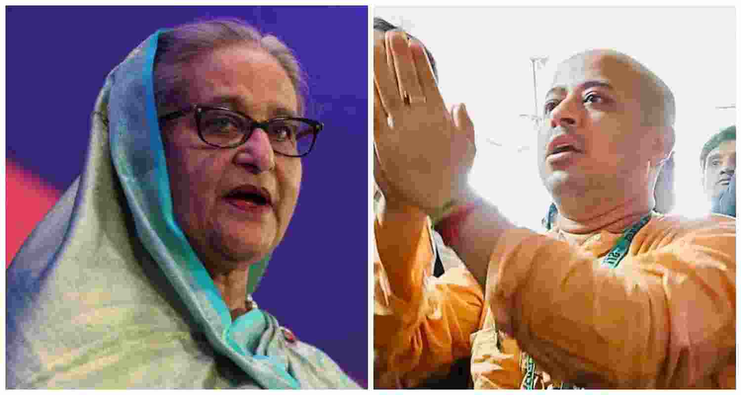 Former Prime Minister of Bangladesh, Sheikh Hasina (L), Hindu spiritual leader Chinmoy Krishna Das (R).