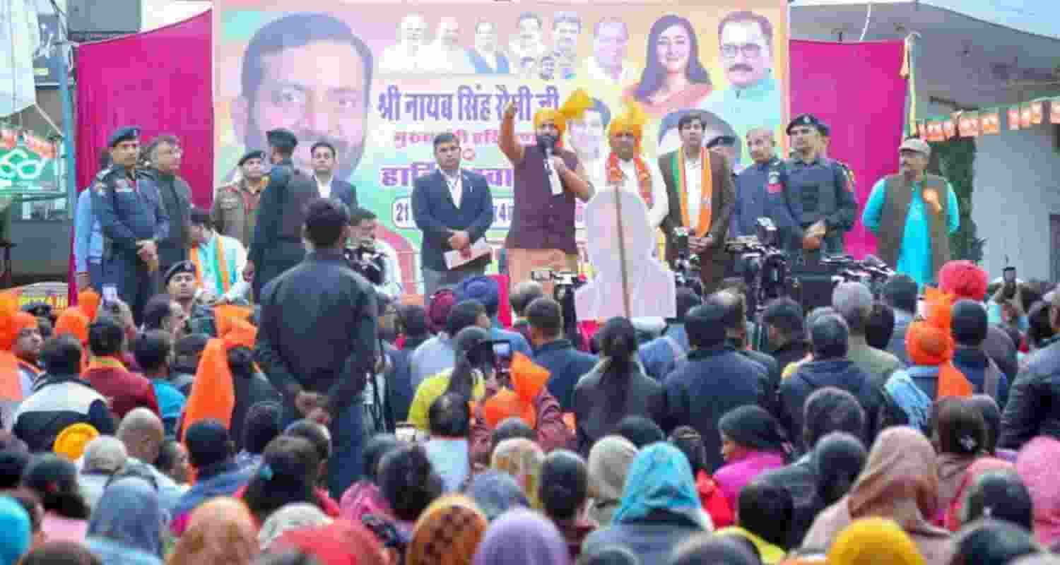 Haryana CM Saini while addressing a public meeting at Patel Nagar Assembly in Delhi, in favour of the BJP candidate Rajkumar Anand. 