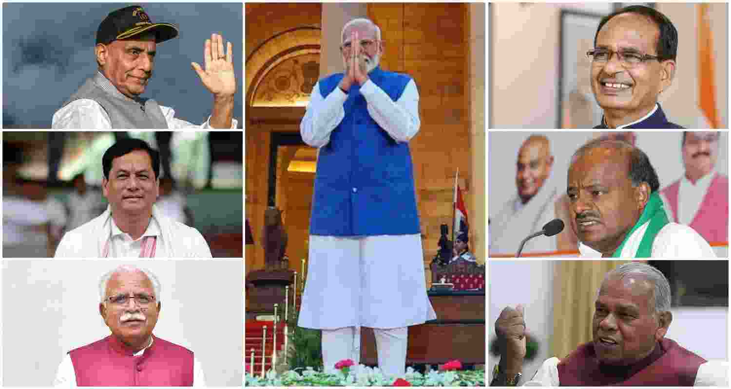 (Clockwise from top left) Former Chief Ministers, Rajnath Singh of Uttar Pradesh, Narendra Modi of Gujarat (center), Shivraj Singh Chouhan of Madhya Pradesh, H D Kumaraswamy of Karnataka, Jitan Ram Manjhi of Bihar, Manohar Lal Khattar of Haryana, and Sarbananda Sonowal of Assam.