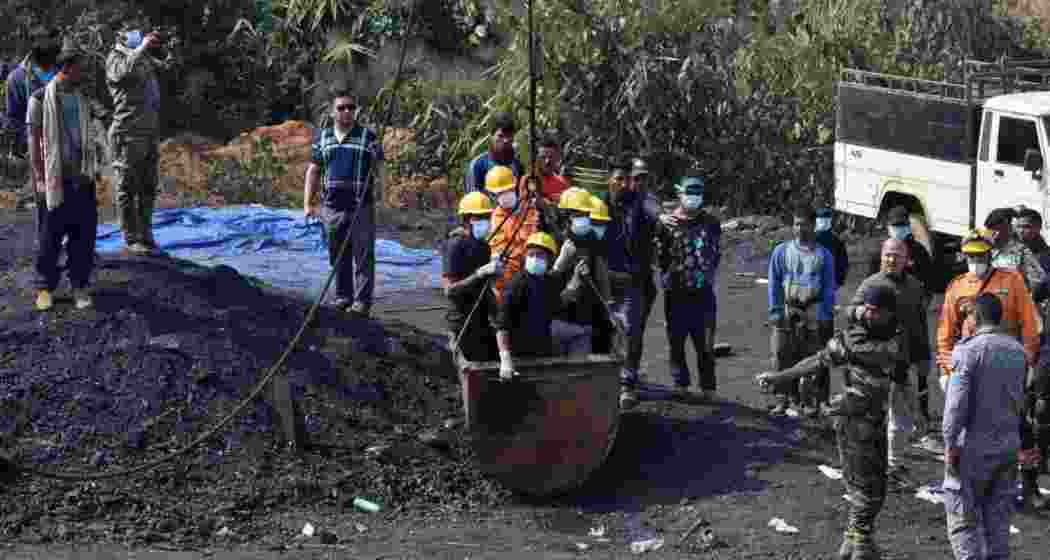 National Disaster Response Force and State Disaster Response Force officials carry out rescue operations after an explosion killed several people at an illegal coal mine in Meghalaya, on February 6, 2026.