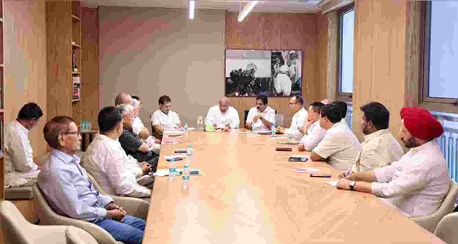 Congress president Mallikarjun Kharge and Lok Sabha LoP Rahul Gandhi held a meeting with Manipur leadership at Indira Bhawan in New Delhi.