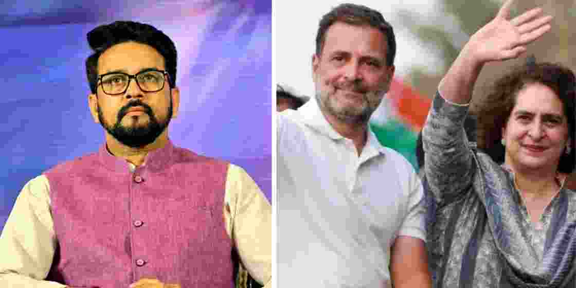 Union Minister for Information and Broadcasting Anurag Thakur (left) and Congress leaders Rahul Gandhi and Priyanka Gandhi Vadra.