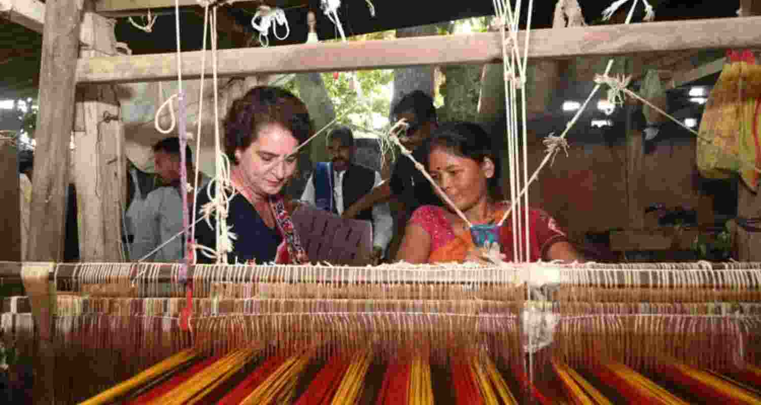 Congress General Secretary Priyanka Gandhi meets women weavers in Valmiki Nagar, Bihar, on Wednesday, and listens to their concerns. She promises support for the weaving community.