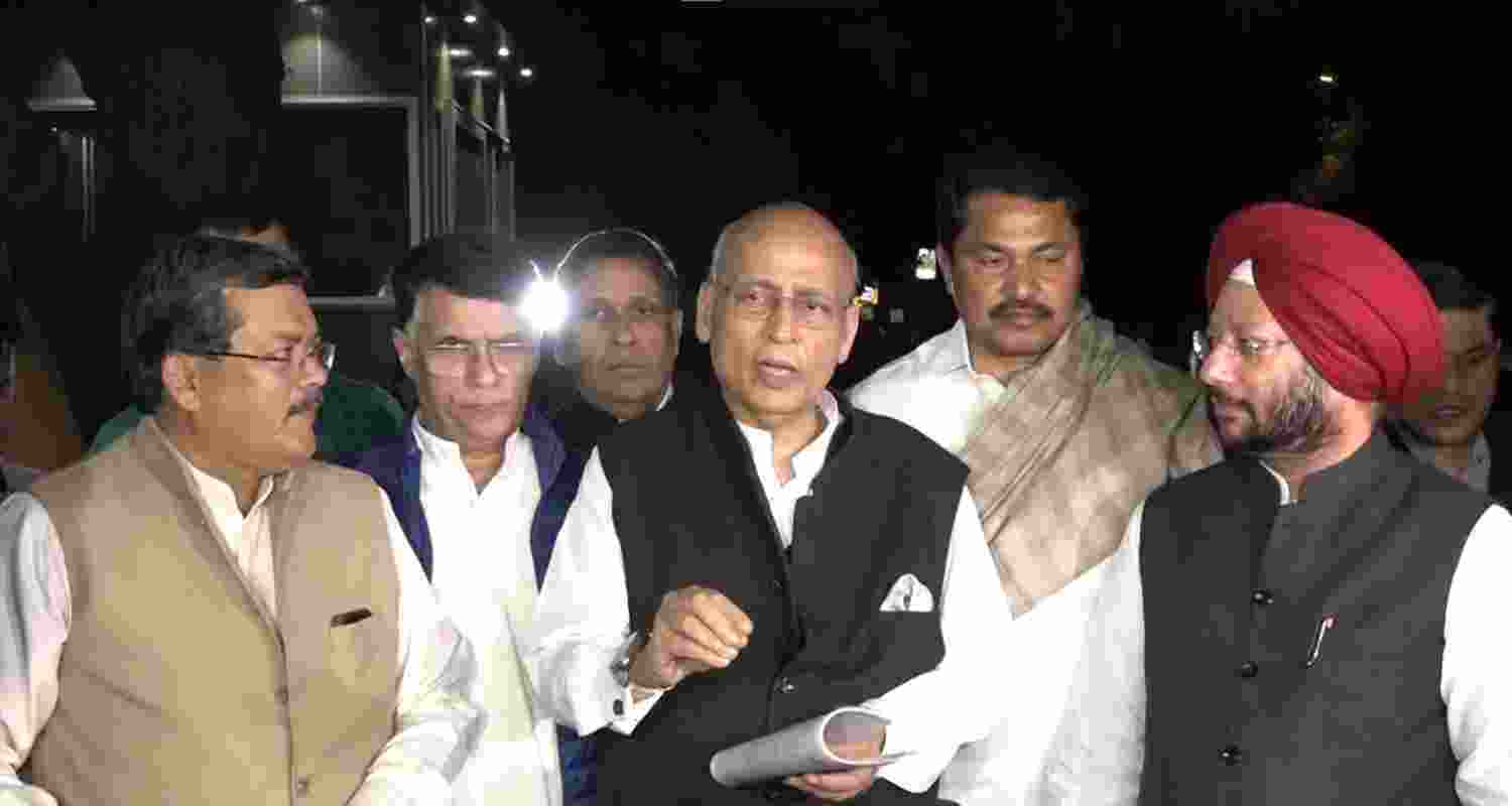 Dr Abhishek Singhvi addresses reporters after a meeting with the ECI in New Delhi.