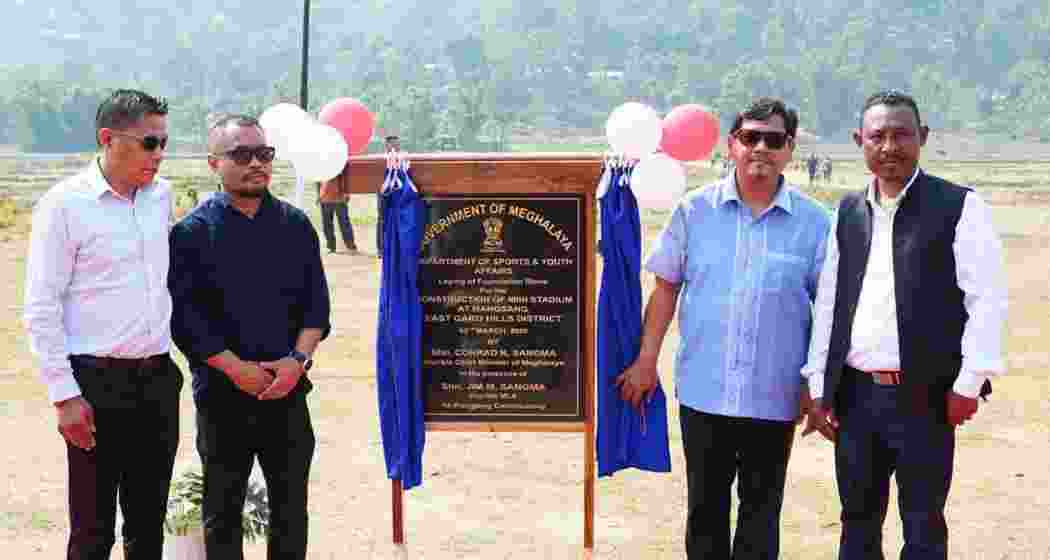 Meghalaya Chief Minister Conrad K Sangma lays the foundation stone for renovation of the Mangsang Primary Health Centre and a mini stadium in East Garo Hills on Thursday.
