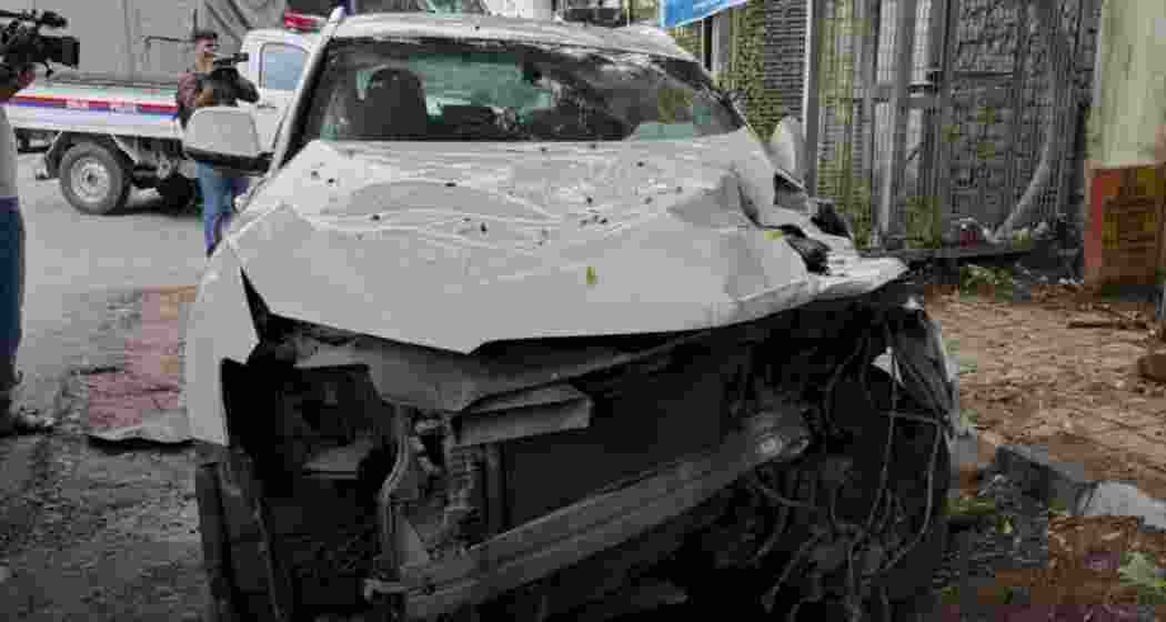 The mangled Audi car involved in the Vasant Vihar crash that left five pavement dwellers injured, including an eight-year-old girl, after the driver allegedly lost control.