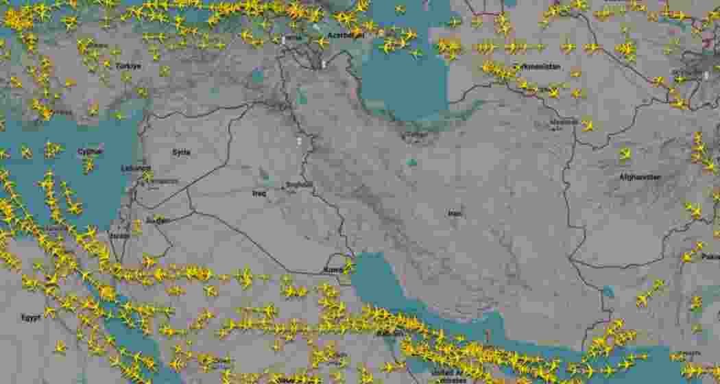 Image from FlightRadar24 depicting airlines avoiding the airspace of Iran, Iraq, Syria and Israel following regional conflict escalation.