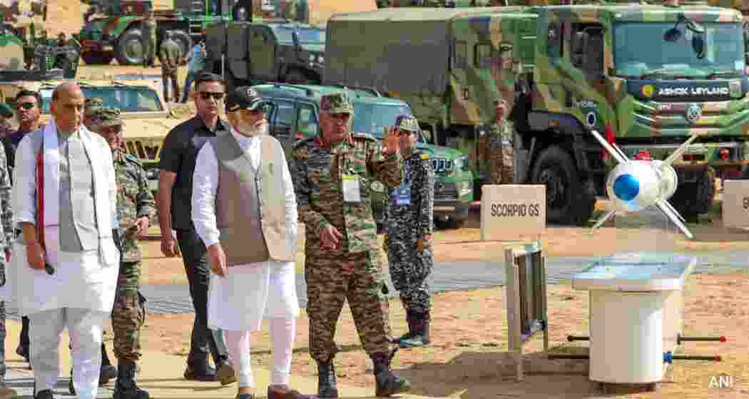 Prime Minister Narendra Modi and Defence Minister Rajnath Singh being briefed by military officials on India's extensive arsenal. (File photo) Prime Minister Narendra Modi and Defence Minister Rajnath Singh being briefed by military officials on India's extensive arsenal. (File photo)