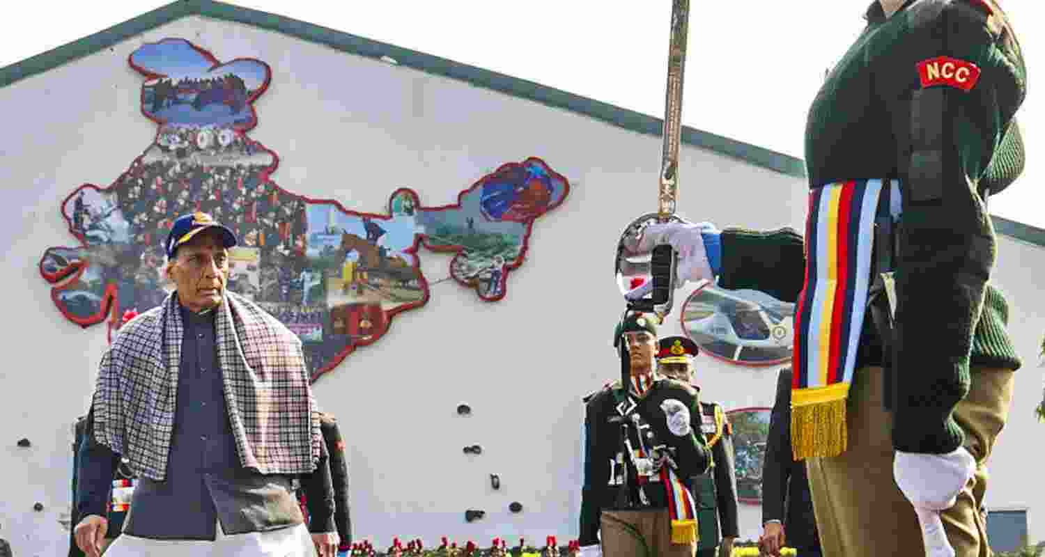 Union Defence Minister Rajnath Singh inspects the guard of honour during a visit to the NCC Republic Day Camp at Cariappa Parade Ground, in New Delhi
