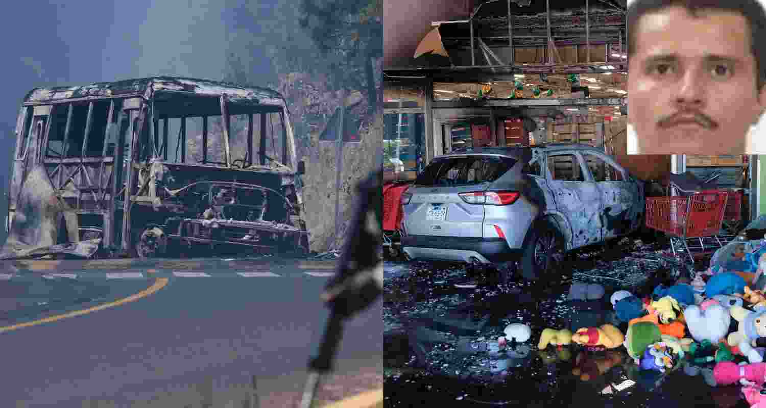 Charred vehicle after it was set on fire, in Cointzio, Michoacán state (left), a charred vehicle sits at a damaged supermarket in Guadalajara, Jalisco state, Mexico, Sunday, Feb. 22, 2026, after the death of the leader of the Jalisco New Generation Cartel "El Mencho." (Right). 