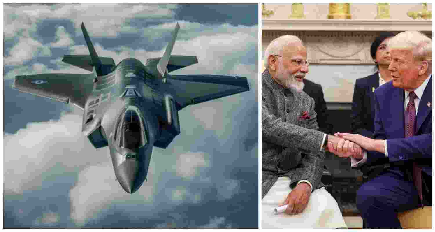 A US F-35 stealth fighter jet (left) and Indian Prime Minister Narendra Modi with former US President Donald Trump during their meeting at the White House, Washington DC, on Thursday, where the F-35 deal was announced.