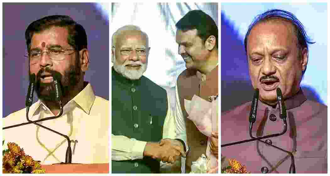 Mumbai: NCP leader Ajit Pawar takes oath as Maharashtra Deputy Chief Minister during the swearing-in ceremony (L). Prime Minister Narendra Modi with BJP leader Devendra Fadnavis during the latter's swearing-in ceremony as Maharashtra Chief Minister (C). NCP leader Ajit Pawar takes oath as Maharashtra Deputy Chief Minister during the swearing-in ceremony, in Mumbai, Thursday (R).