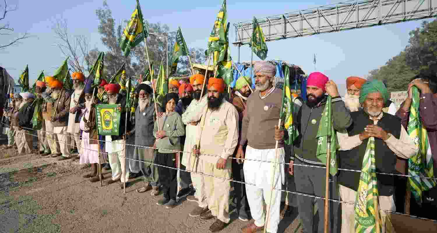 Farmers gather at Shambhu border in Patiala district, Punjab, ahead of their march to the national capital on Friday.