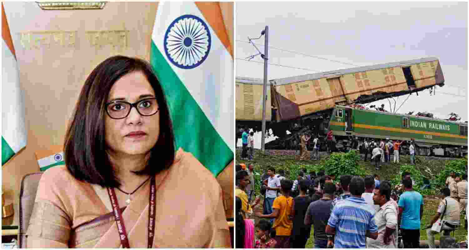 Chairperson of the Railway Board, Jaya Varma Sinha (L). Rescue work underway after a collision between the Kanchanjungha Express and a goods train, near Rangapani railway station, on Monday, June 17, 2024. At least 15 people were killed and 60 others suffered injuries, according to officials (R).