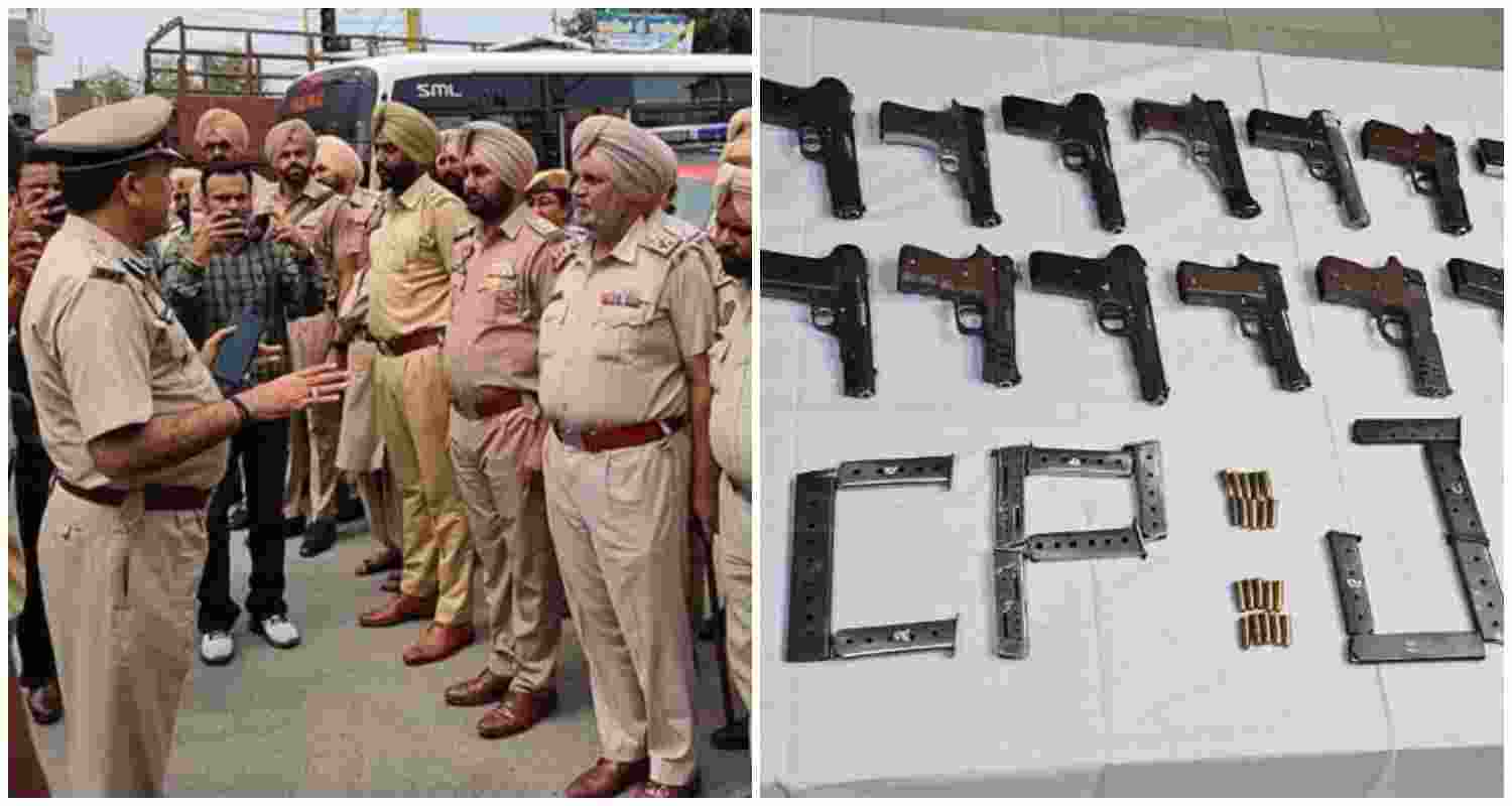 Firearms and ammunition recovered during the bust of the interstate illegal gun module being displayed on right.