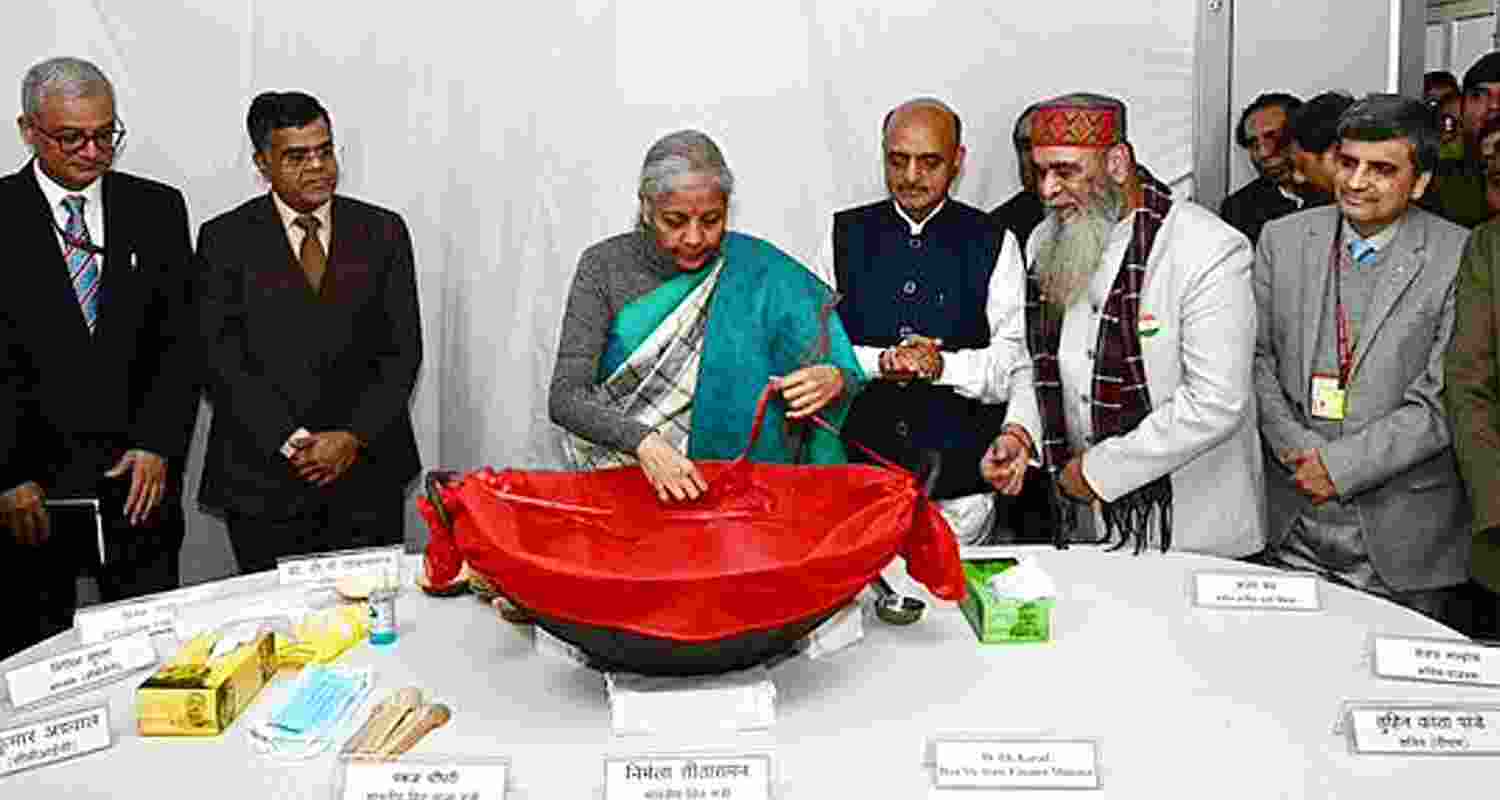 Finance Minister Nirmala Sitharaman during the halwa ceremony previous week on Wednesday marking culmination of preparations for the annual financial event. 