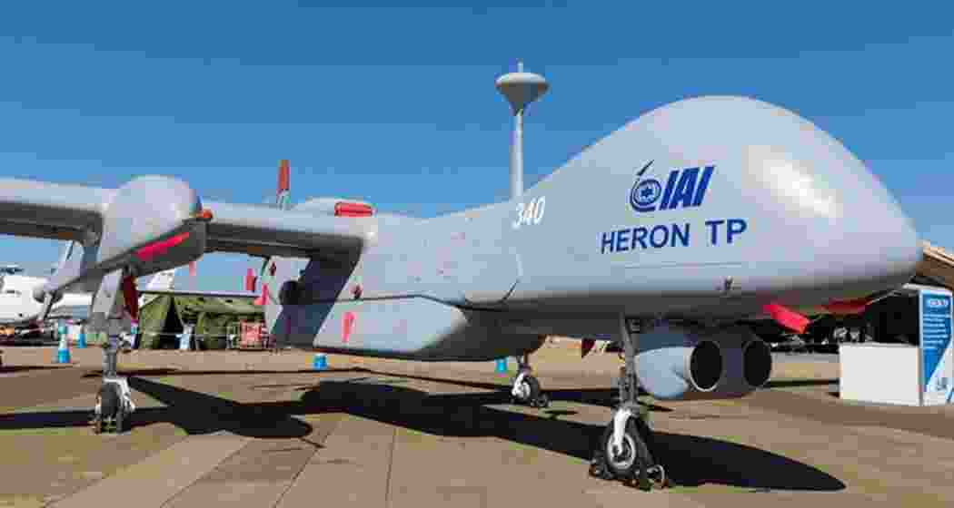 An Israeli Heron drone stationed at an airbase. 