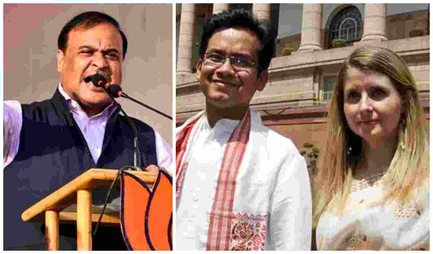 Assam Chief Minister Himanta Biswa Sarma (L), Congress MP Gaurav Gogoi with his British wife, Elizabeth Colburn (R).
