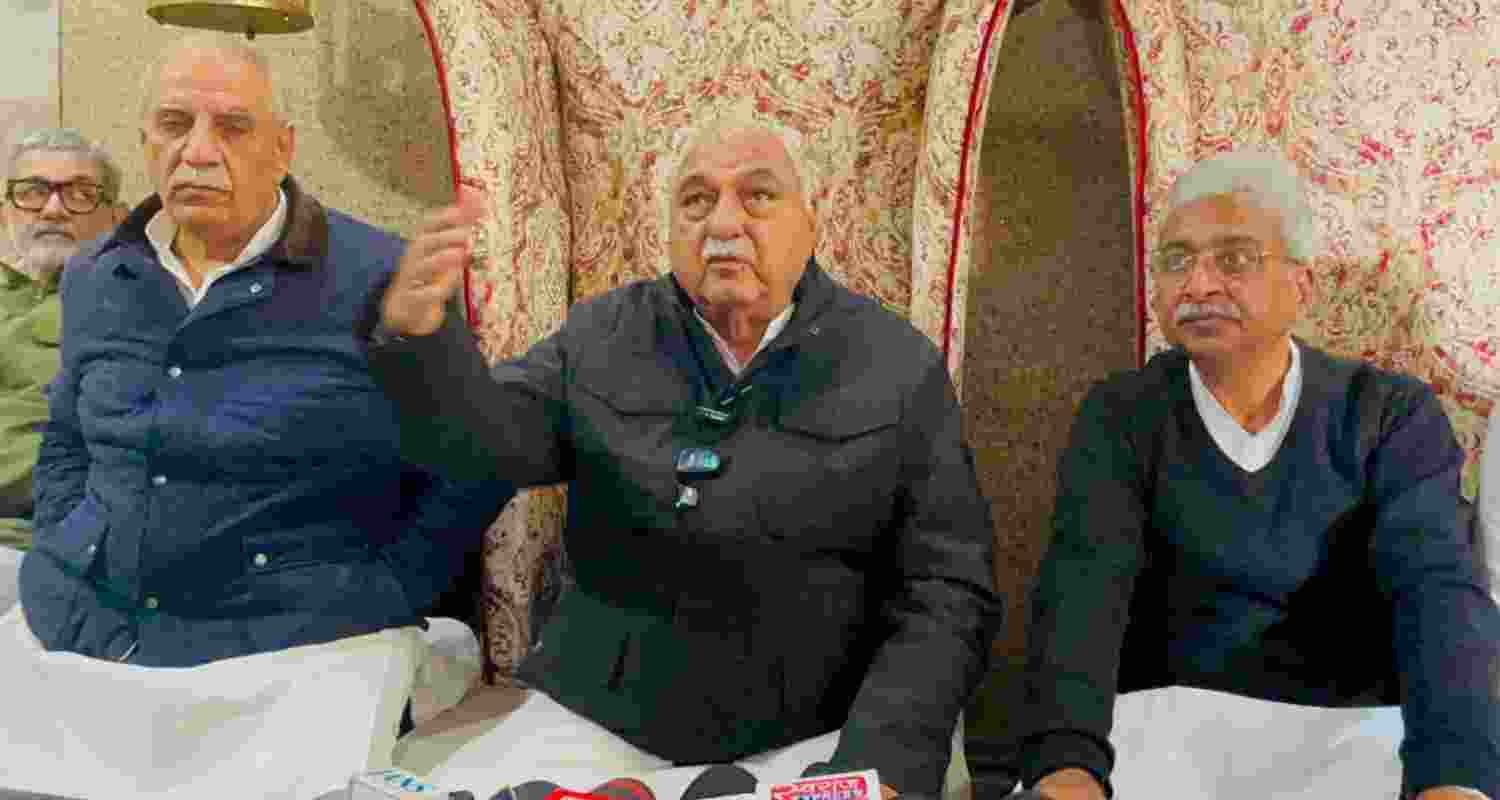 Former Haryana chief minister and Leader of the Opposition Bhupinder Singh Hooda addressing a press conference in Kurukshatra on Monday.