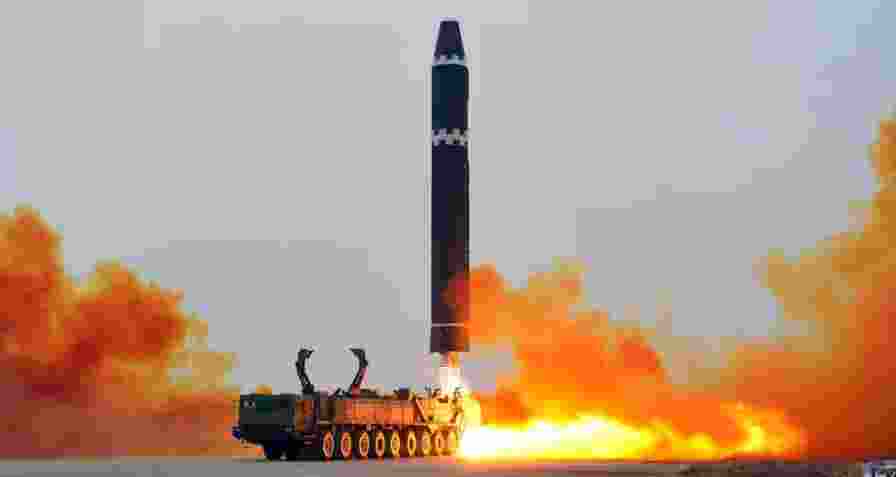 This image, provided by the North Korean government, reportedly shows the test launch of a Hwasong-15 intercontinental ballistic missile at Pyongyang International Airport in Pyongyang, North Korea, on 18 February.