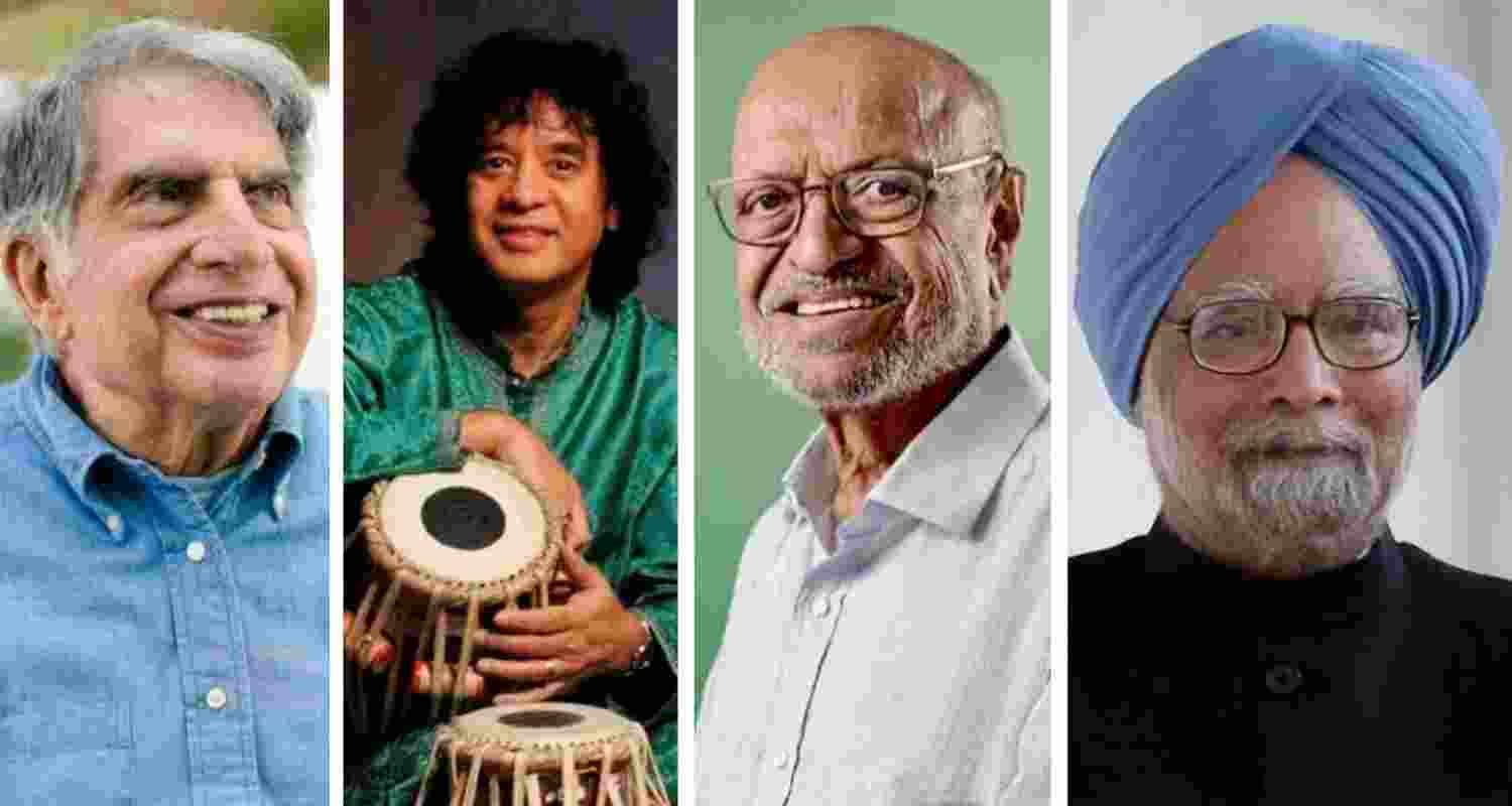 In 2024, India lost eminent personalities, including businessman-philanthropist Ratan Tata, tabla maestro Zakir Hussain, filmmaker Shyam Benegal and former PM Manmohan Singh. File photos.