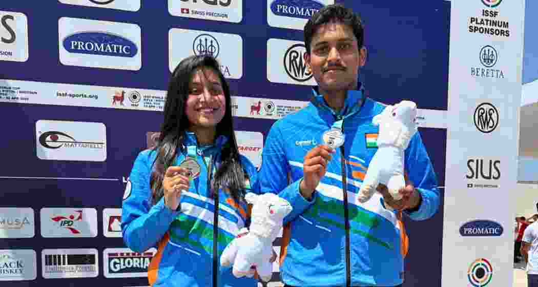 India’s Air Rifle Mixed Team duo, Arya Borse and Rudrankksh Patil, display their silver medal after finishing runners-up at the ISSF World Cup in Lima, Peru. 