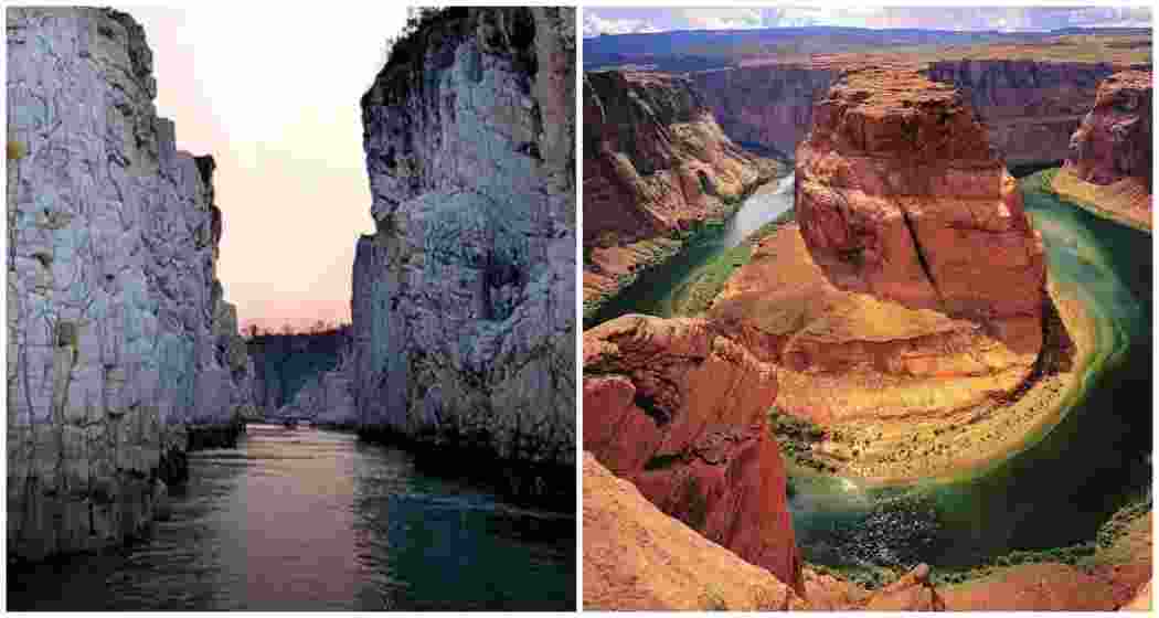 Bhedaghat in Madhya Pradesh (L), and the Gandikota Gorge in Andhra Pradesh (R).