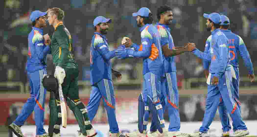 Indian players being congratulated by South African Corbin Bosch after winning the first ODI cricket match of a series between India and South Africa, at JSCA International Stadium Complex, in Ranchi, Jharkhand on Sunday. Indian players being congratulated by South African Corbin Bosch after winning the first ODI cricket match of a series between India and South Africa, at JSCA International Stadium Complex, in Ranchi, Jharkhand on Sunday.