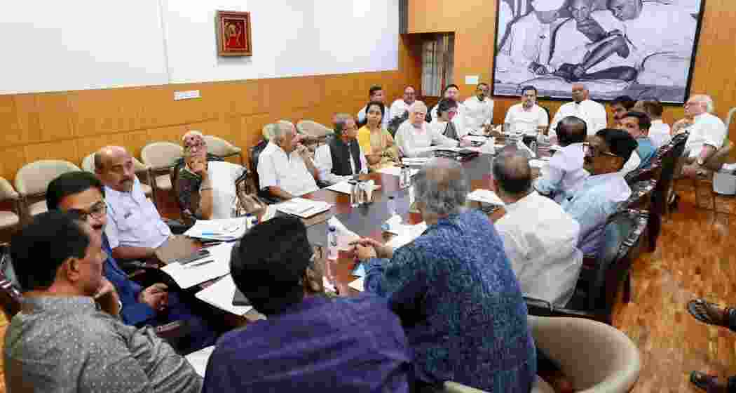 Members of the INDIA bloc, including Mallikarjun Kharge and Rahul Gandhi, during a strategy meeting ahead of the special Parliament session on the women’s reservation Bill, in New Delhi on Wednesday