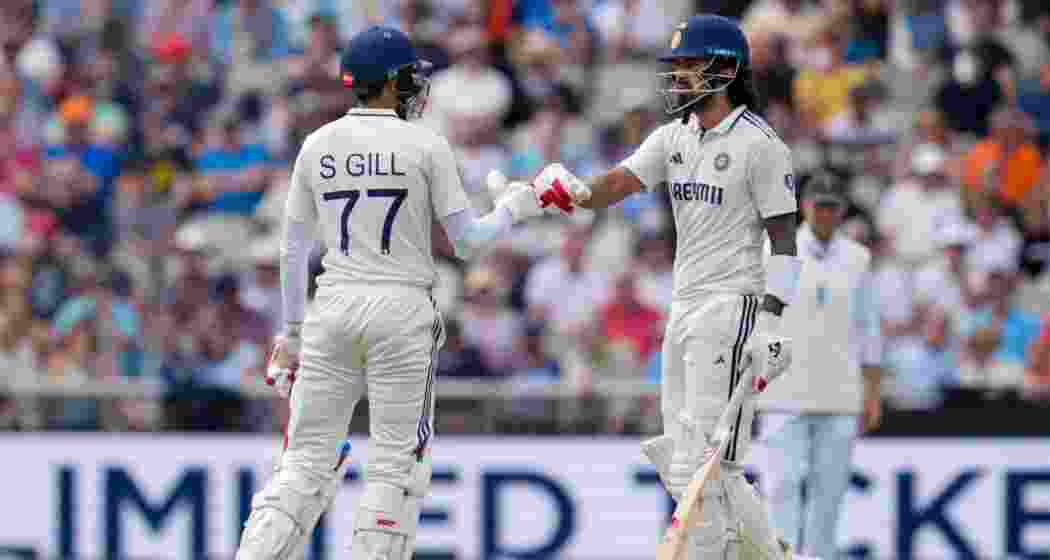 India's captain Shubman Gill and KL Rahul during the fourth day of the fourth Test match between India and England, at the Old Trafford cricket ground, in Manchester, England, Saturday