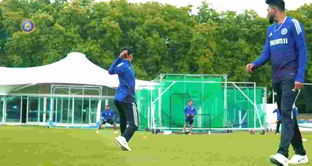 A screengrab from a BCCI video shows Shubman Gill and Mohammed Siraj training under the watchful eye of head coach Gautam Gambhir during India’s preparatory session at Lord’s.