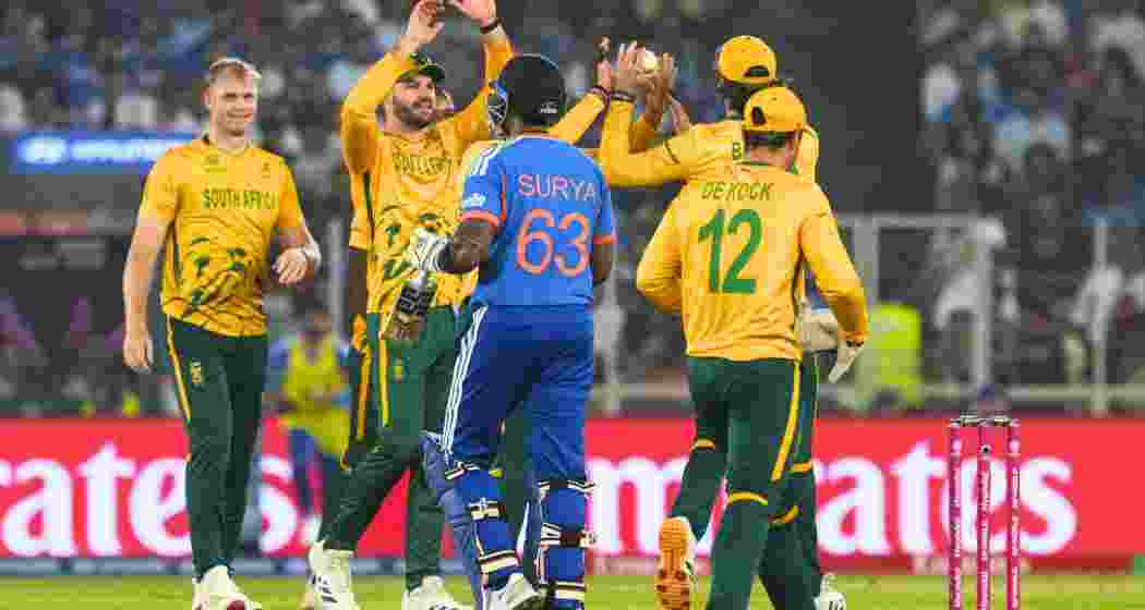 South Africa's Corbin Bosch celebrates with teammates after taking the wicket of India's captain Suryakumar Yadav during an ICC Men's T20 World Cup 2026 cricket match between India and South Africa, at the Narendra Modi Stadium, in Ahmedabad on Sunday. South Africa's Corbin Bosch celebrates with teammates after taking the wicket of India's captain Suryakumar Yadav during an ICC Men's T20 World Cup 2026 cricket match between India and South Africa, at the Narendra Modi Stadium, in Ahmedabad on Sunday.