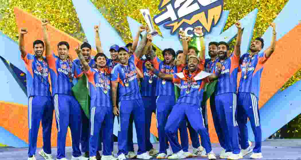 India team celebrates after receiving the trophy after defeating New Zealand during the ICC Men's T20 World Cup 2026 final cricket match between India and New Zealand at Narendra Modi Stadium, in Ahmedabad on Sunday.