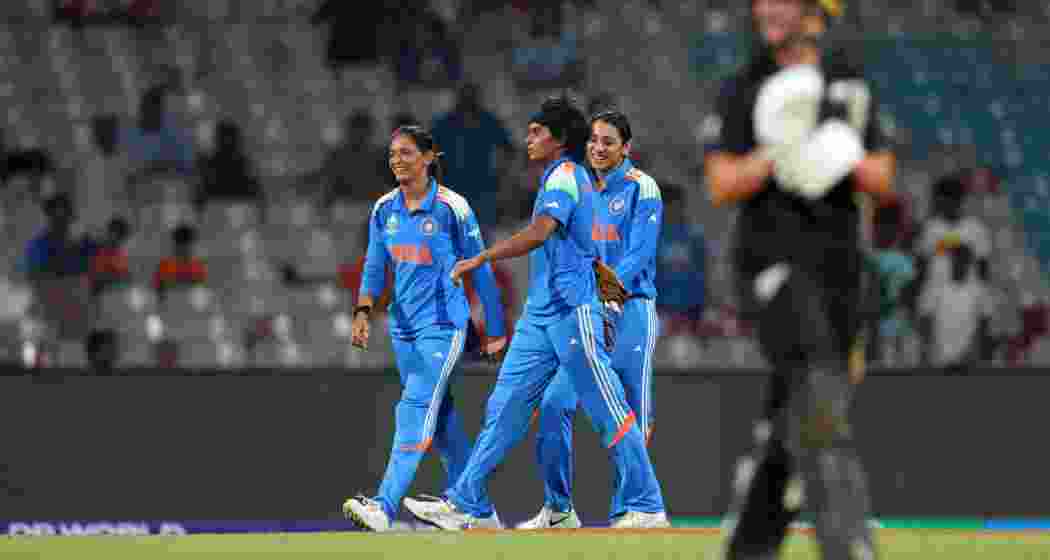Indian players walk off the field after dismissing a New Zealand batter during their ICC Women’s World Cup 2025 clash at DY Patil Stadium, Navi Mumbai. Indian players walk off the field after dismissing a New Zealand batter during their ICC Women’s World Cup 2025 clash at DY Patil Stadium, Navi Mumbai.