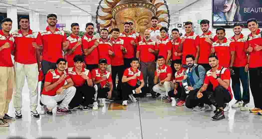 The Indian boxing contingent poses for a group photograph before departing for Brazil to compete in the World Boxing Cup 2025. The ten-member squad will represent the nation in the prestigious tournament.