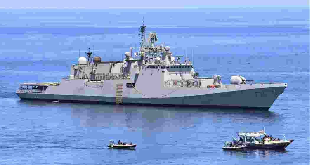 INS Tarkash, a frontline frigate of the Indian Navy, during an operation to intercept narcotics in the Western Indian Ocean. The INS Tarkash has successfully intercepted and seized over 2500 kg of narcotics in the Western Indian Ocean. 
