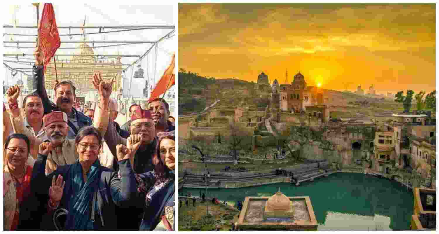 Indian pilgrims leave from Amritsar, with their destination, the Katas Raj Mahadev Temple in Pakistan, seen on the right.