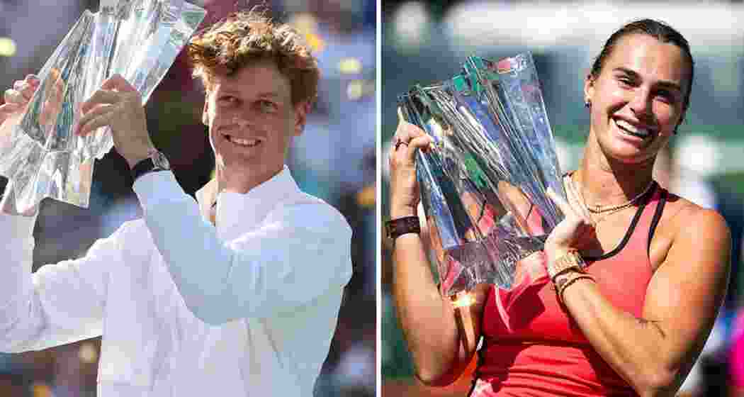 Jannik Sinner and Aryna Sabalenka celebrate with their trophies after winning their maiden titles at the Indian Wells Masters following victories in the men’s and women’s singles finals.