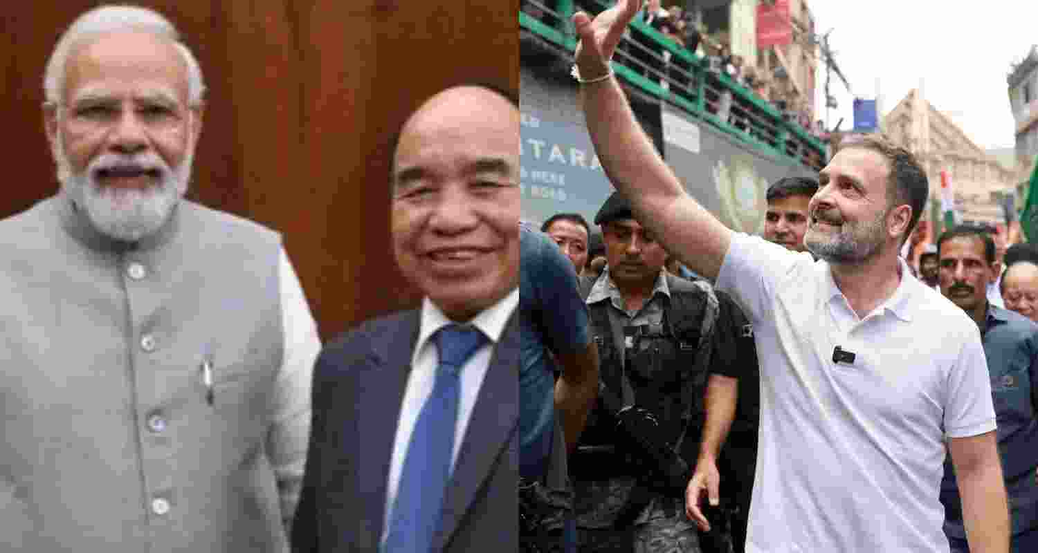 Former Mizoram CM Zoramthanga along with PM Narendra Modi (left), Congress leader Rahul Gandhi during the Bharat Jodo Nyay Yatra in Mizroram (right).