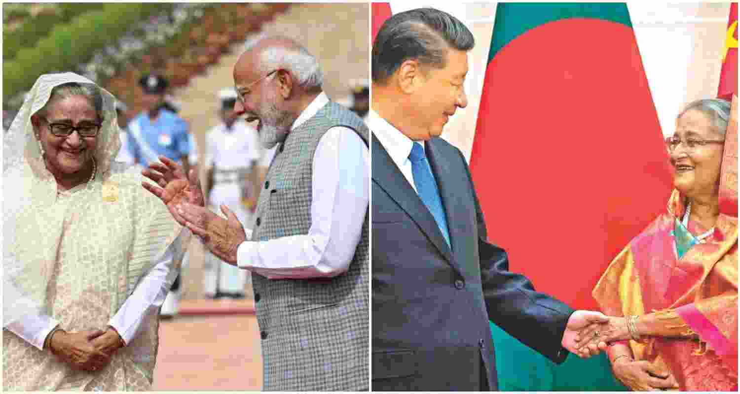 Bangladesh's Prime Minister Sheikh Hasina with Indian Prime Minister Narendra Modi (L), PM Hasina with President of the People's Republic of China Xi Jinping (R).