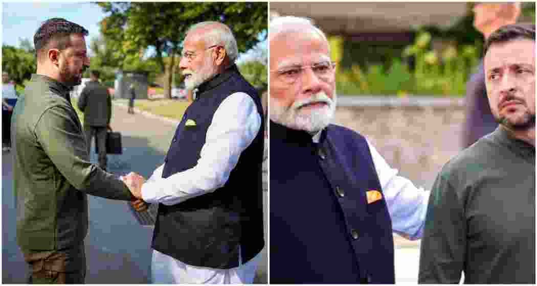 Prime Minister Narendra Modi being greeted by the Ukrainian President Volodymyr Zelenskyy during a visit to Martyrologist Exposition to honour the memory of children, in Kyiv, Ukraine.