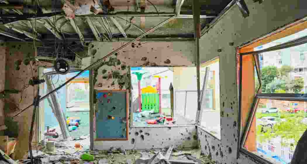 View of a kindergarten hit by fragments of an Iranian missile in Rishon LeZion, Israel, on Saturday.