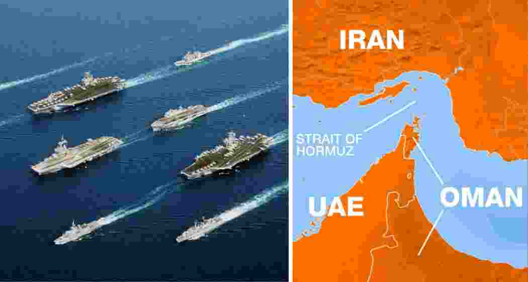 A US naval fleet (left) positioned in the Middle East waters as tensions rise, while the strategic Strait of Hormuz (right) remains under threat of closure following Iran’s retaliation warning.