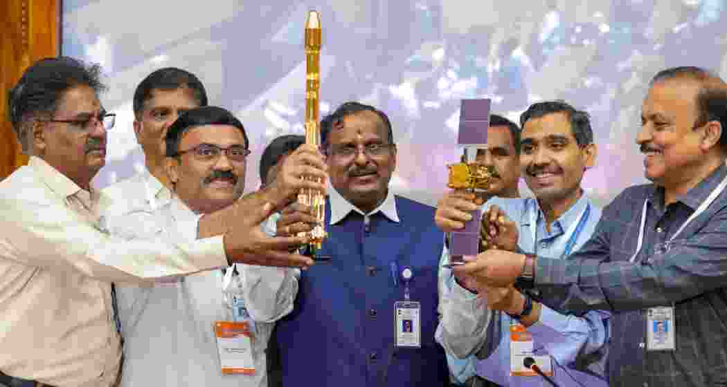 Indian Space Research Organisation (ISRO) Chairman V Narayanan with others during a press conference after the space agencys 100th mission, in Sriharikota, Andhra Pradesh, Wednesday, Jan. 29, 2025. 