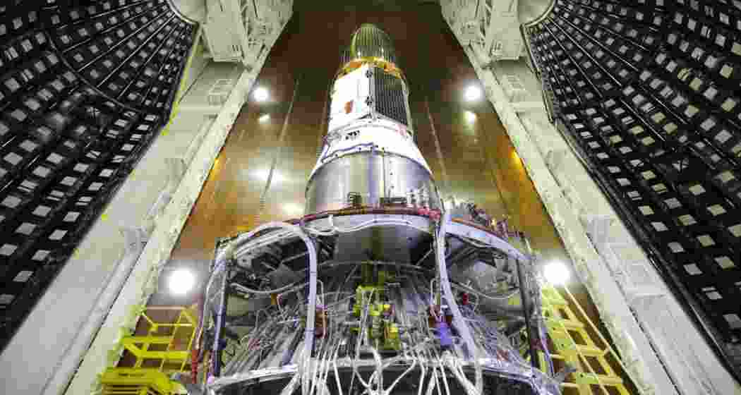 A satellite at ISRO's assembly and integration bay.