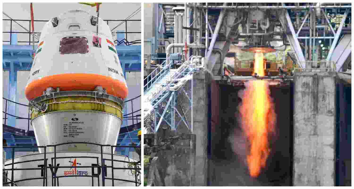 The Gaganyaan module (left) alongside the ongoing CE20 cryogenic engine test (right), the latest technological upgrade which would ensure that the engine can be reliably re-ignited in space, a crucial feature for long-duration missions.
